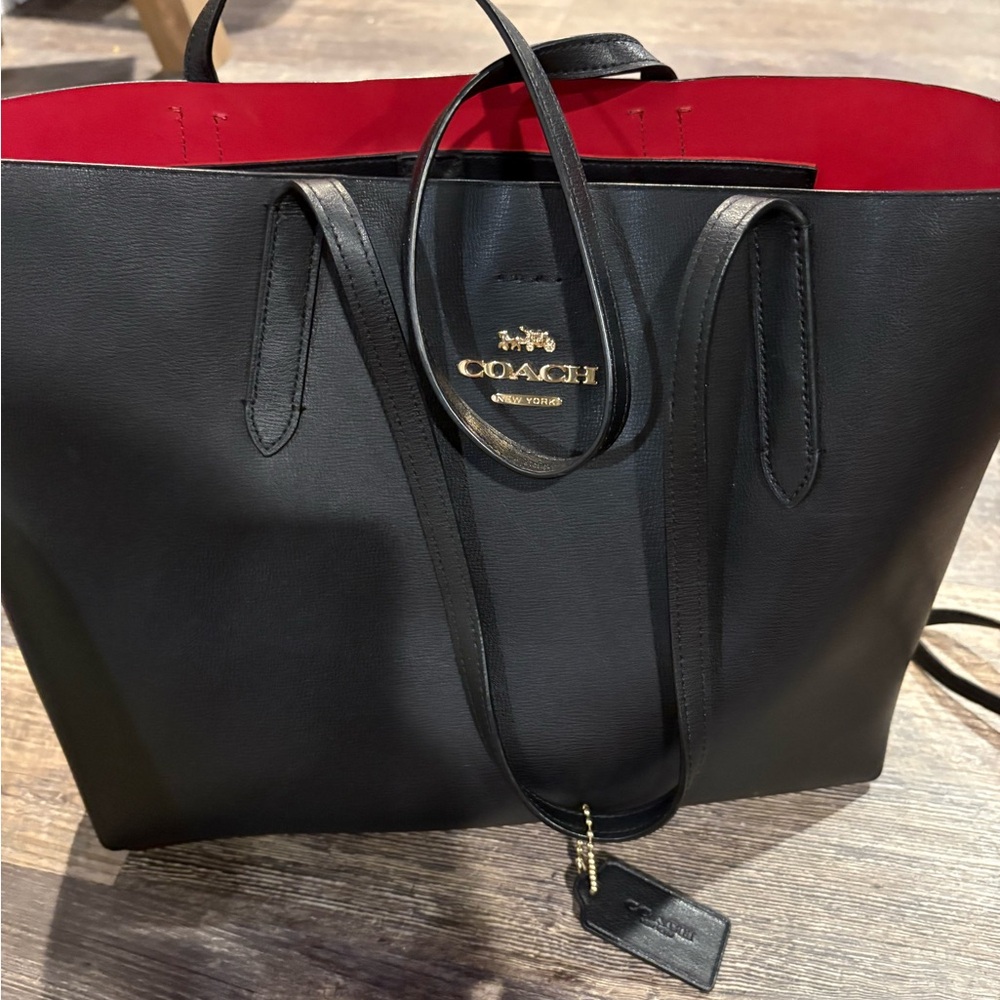 Coach Black and Red Leather Tote Bag with Gold Hardware